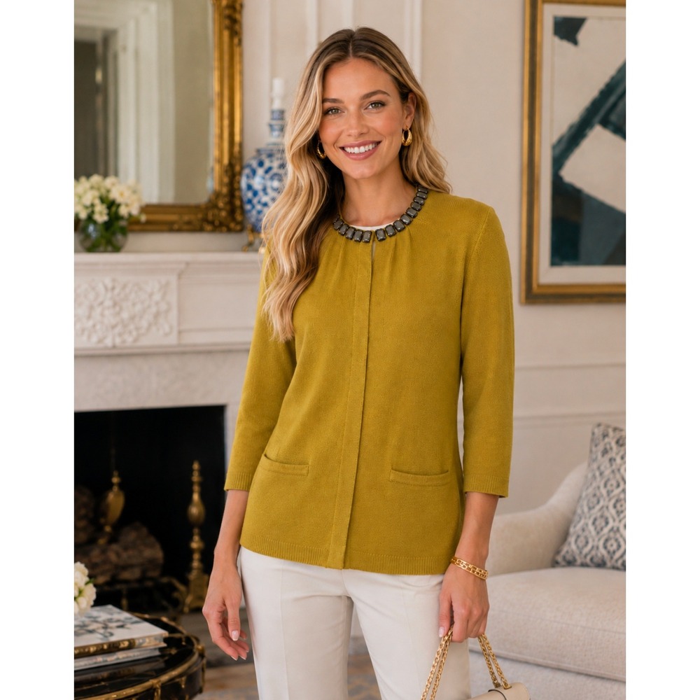 BODEN Jewelled Cardigan Sweater Wool Cashmere Knitwear 3/4 Sleeves Mustard 12